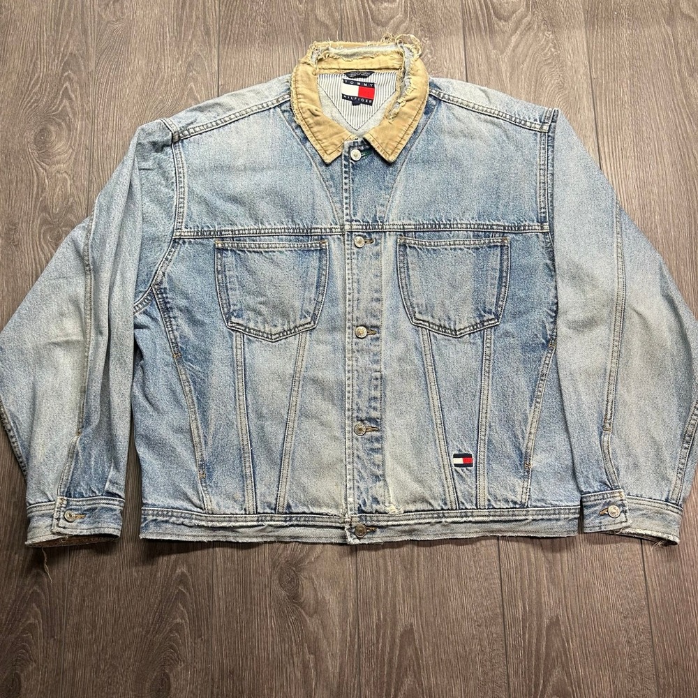 Vintage Tommy Hilfiger Denim Jacket XL Light Wash Corduroy Collar Distressed XL